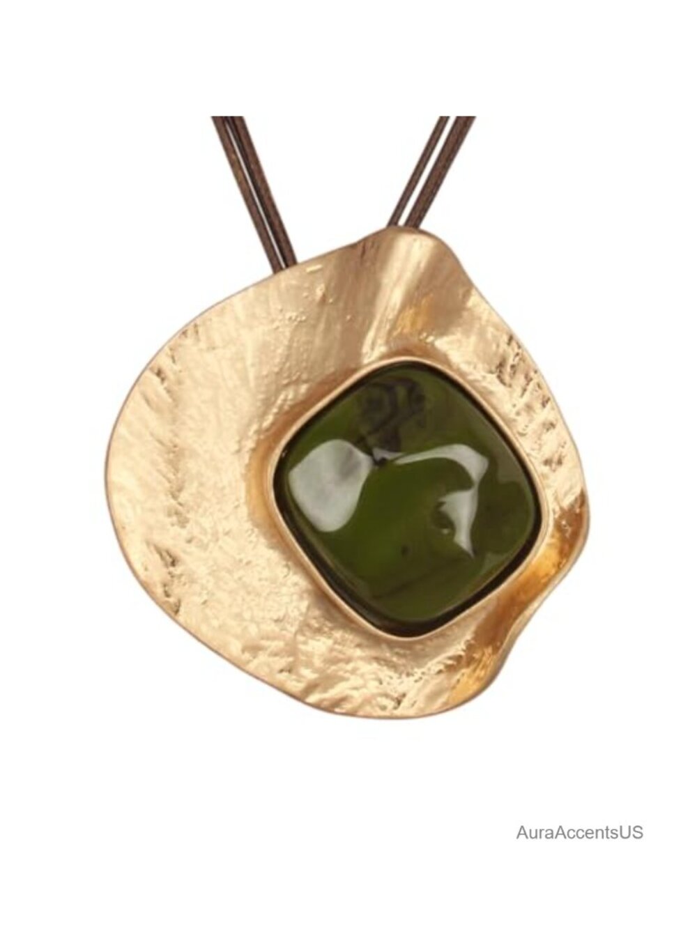 Hammered Gold Plated Oval Pendant Necklace Faux Leather Cord Adjustable Boho